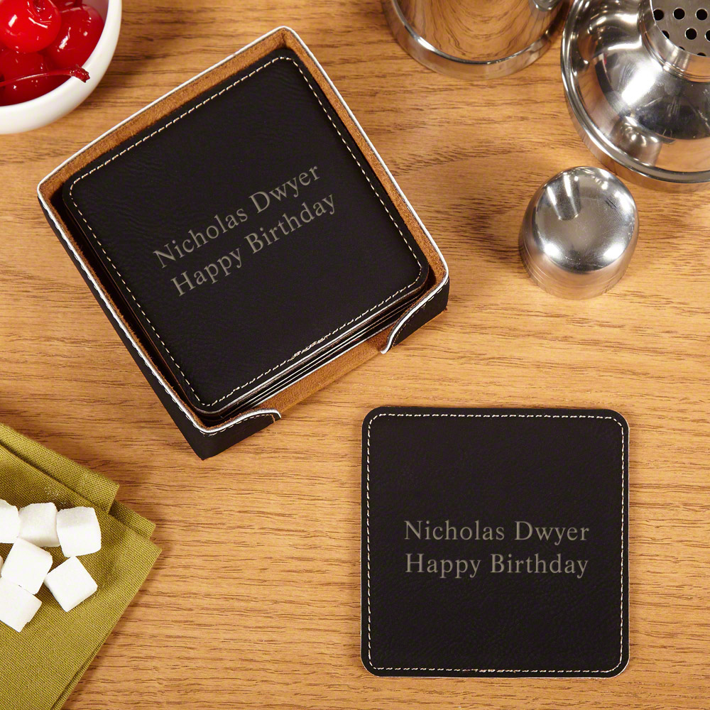 Black  Leather Square Coasters  WAUCUST53710P - Personalized